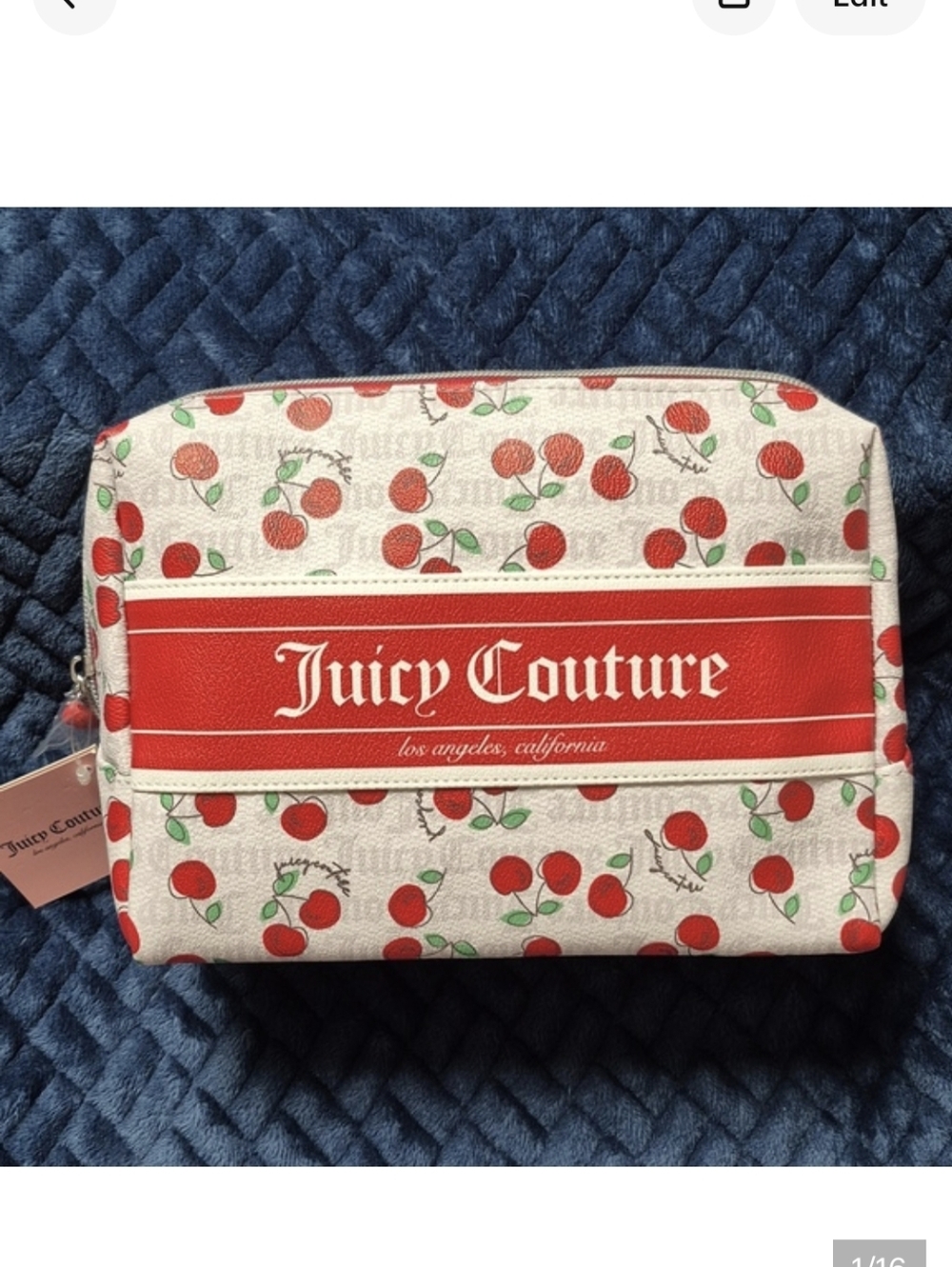 Juicy Couture Cherry Print Cosmetic Pouch W 1 Travel Toiletry Bottle, New W Tags